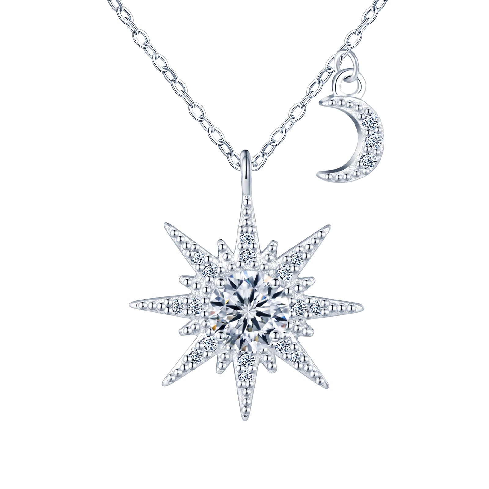 Yumilok Collar con colgante de moissanita en forma de sol y luna para mujer, plata de ley 925, delicado e hipoalergénico