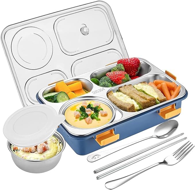 TOYTASTIC Lunch Box for Adults Lunch Box for Kids Stainless Steel Lunch Box with Fork,Chopstick & Spoon Lid Office Food Container 4 Compartment for Kids & Adults (Blue), 1250 ml