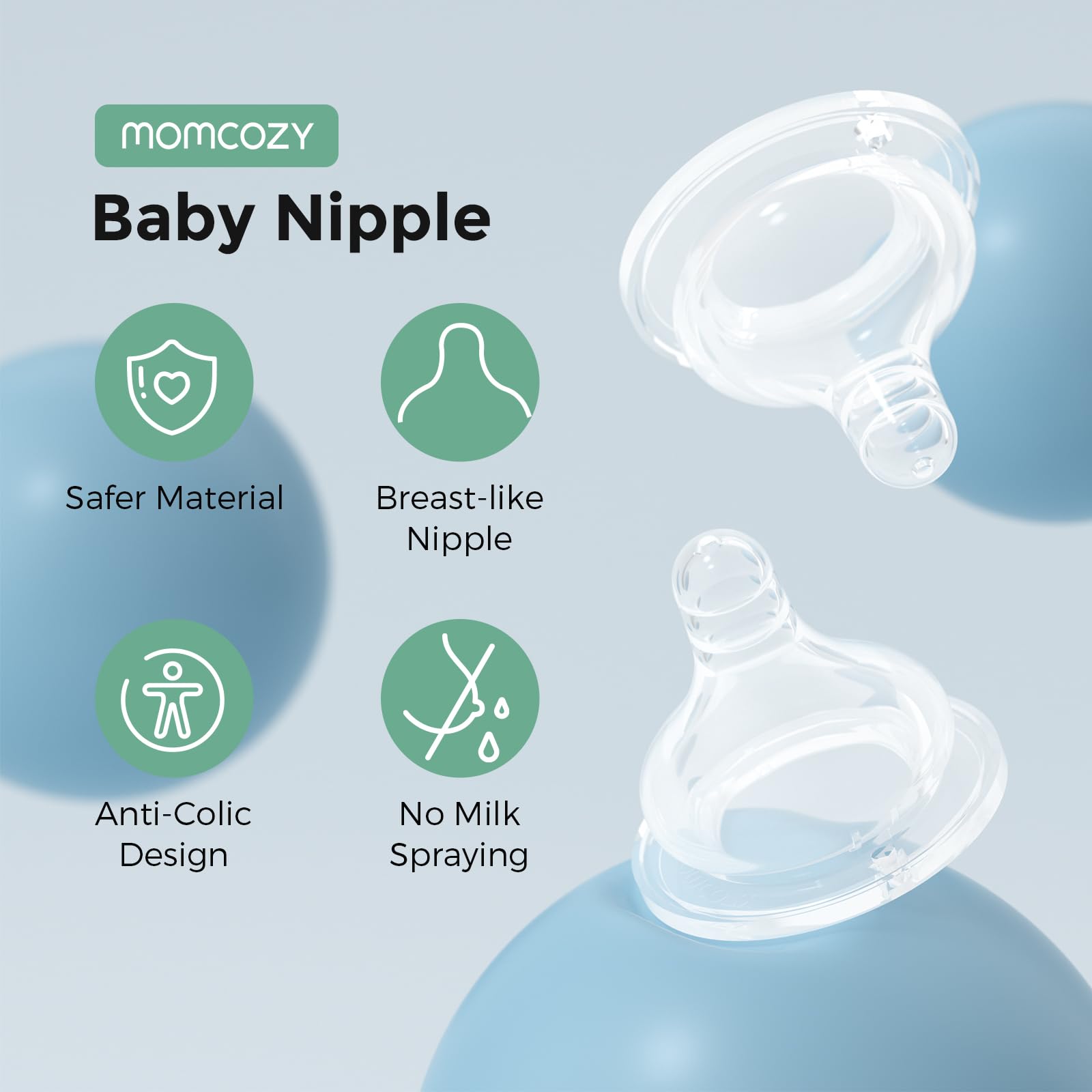 Momcozy Soft Baby Nipple Premium Natural Flow Silicone for Wide-Neck Bottles, BPA-Free, Perfectly Compatible with Momcozy Breast Milk Cooler, Small (Pack of 2)