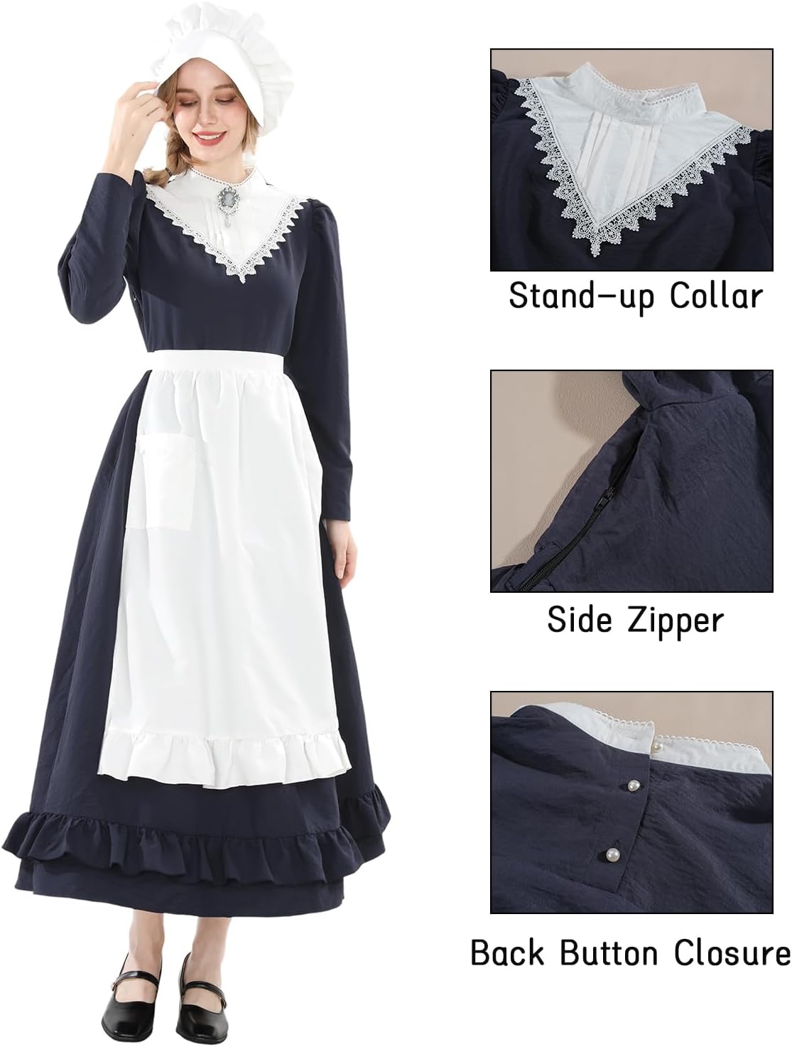 Nuoqi Colonial Pioneer Dress for Women Long Sleeve 1800s Prairie Pilgrim Costume
