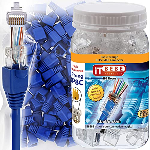 ITBEBE 100/100 RJ45 Cat5 Cat5e Pass Through Connectors For 24 AWG Cables - 100 Cat5e Passthrough Connector Ends And 100 RJ45 Connectors Clear Strain Relief For Clean, Snag-Free Ethernet Patch Cord