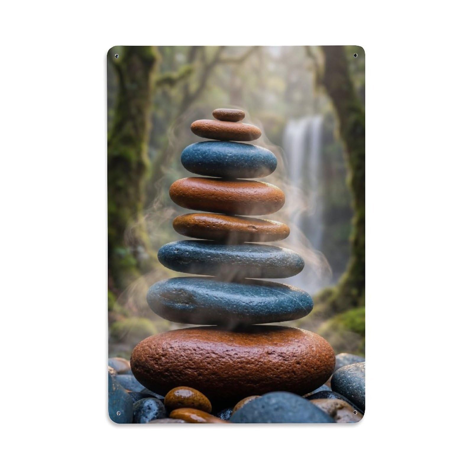 Zen Meditation Floating Pebble Waterfall Balance Serenity Metal Tin Sign Plaque Wall Decor for Cafe, Man Cave, Club Bar, Office, Home Garden Round Metal Poster 8x12Inch