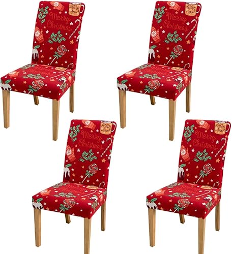 Acoolser Christmas Dining Chair Covers, Xmas Stretch Chair Protector Slipcovers, Spandex Parsons Chair Cover Set of 4 (Christmas-07)