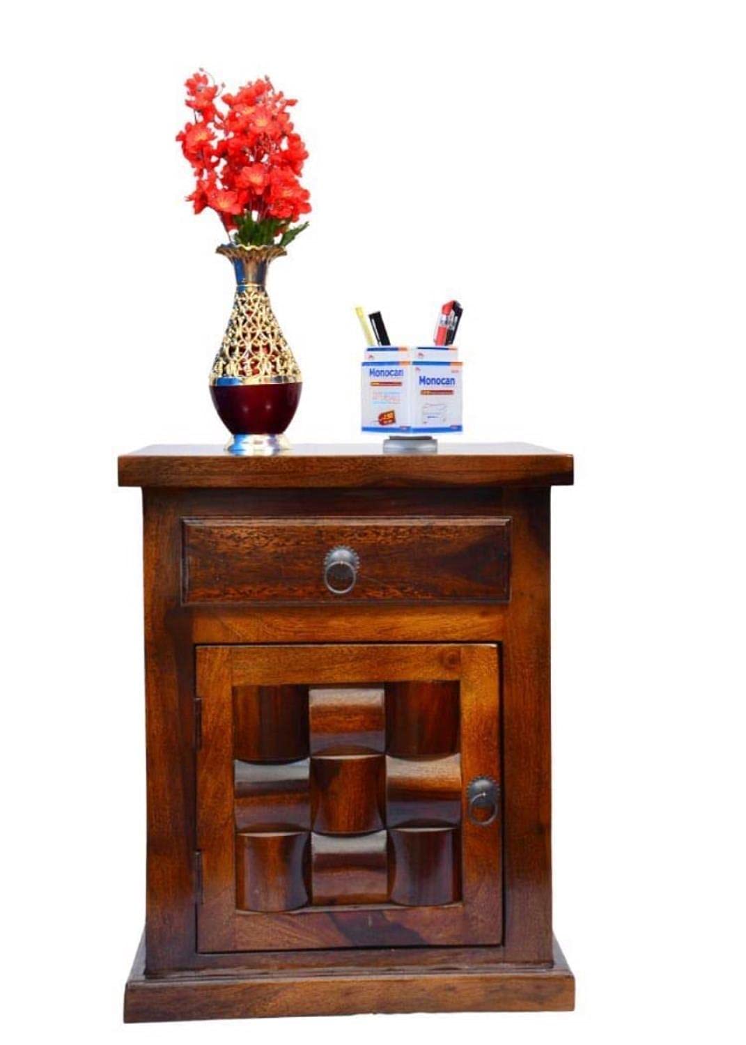 Solid Sheesham Wood Bedside Table with 1 Drawer and 1 Door Storage | Wooden Bed Side End Tables Night Stand for Home Living Room Bedroom - Brown Walnut Color Matte Finish-image-19