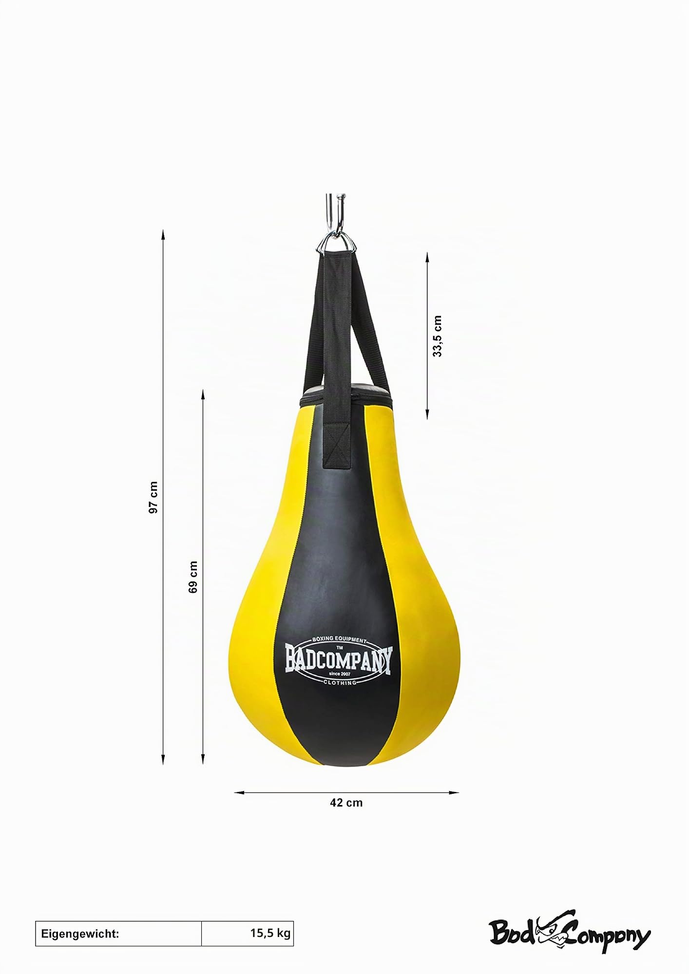 Bad Company Boxbirne I Vinyl Punching-Ball Maisbirne gefüllt (15 kg) hängend inkl. Nylon-Aufhängung zur Deckenbefestigung