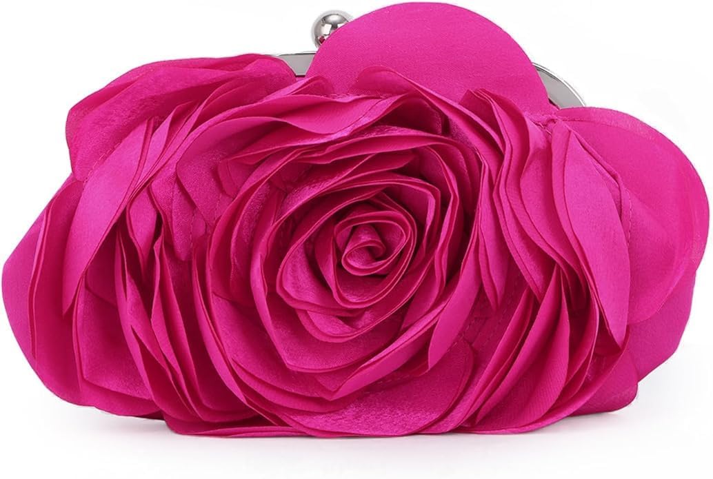 Euskolete Women Evening Clutch Bag Women Roses Satin Clutches Detachable Strap Purses Floral Clutch Bag for Wedding, Party, Prom (Red)