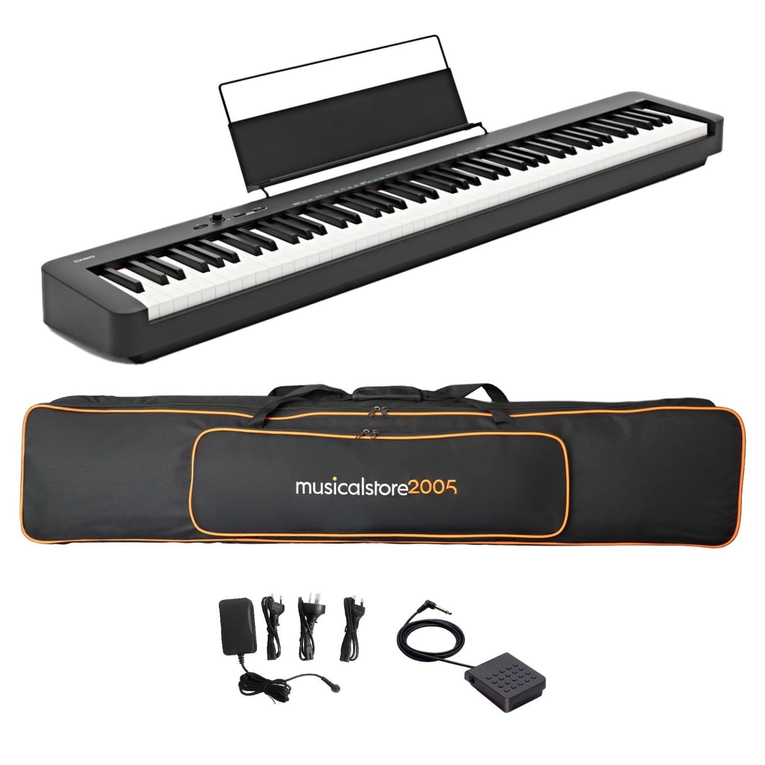 Set Completo per Casio CDP-S110 Black - Piano Digitale 88 Tasti Pesati con Borsa Imbottita a Tracolla con logo MusicalStore2005 Ricamato, Alimentatore e Pedale