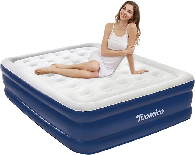 Tuomico Double Size Air Bed,Queen Size Air Mattress Blow-up Bed with Built-in Electric pump for fast Inflation, Portable Upgraded Flocking Airbeds for Compatible Sleeping 203*152*48 CM