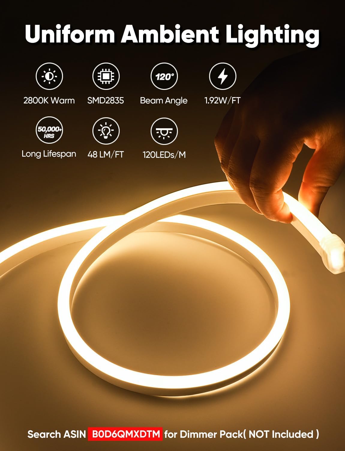33FT LED Neon Rope Lights 2800K Warm White, ETL Listed 110-120V Outdoor Flexible Neon Strip IP65 Waterproof, Connectable and Cuttable, for Home Commercial Contour Landscape Ambient Lighting Decor