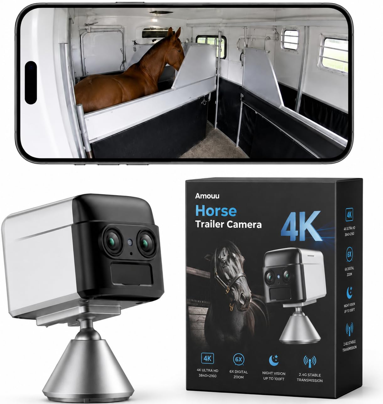 NomadEye Cámara Inalámbrica para Remolque de Caballos – Vídeo 4K en Directo al Móvil, Visión Nocturna, Audio Bidireccional, Batería de 15H, Soporte Magnético – Sin WiFi del Remolque