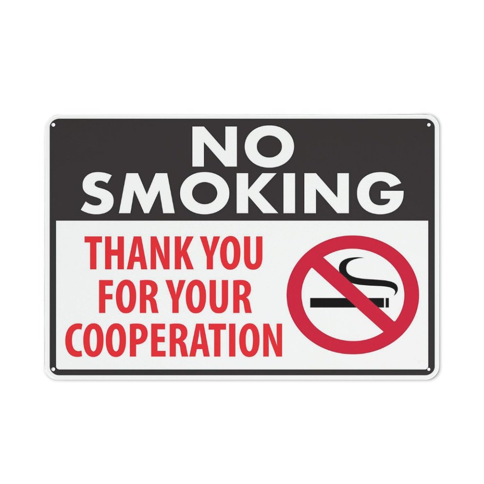No Smoking (Thank You For Your Cooperation) Sign, 8x12 Inch Metal Aluminum, Pre-Drilled Holes for Easy Mounting, Indoor/Outdoor Use for Fence, Door, Gate