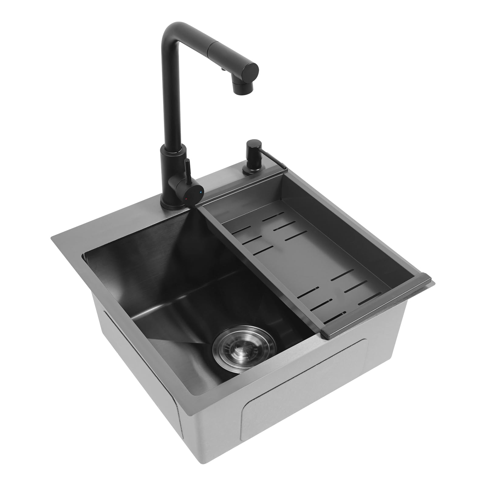 Fregadero de cocina de acero inoxidable con grifo, color negro, 45 x 45 cm, incluye grifo extensible, dispensador de jabón y desagüe