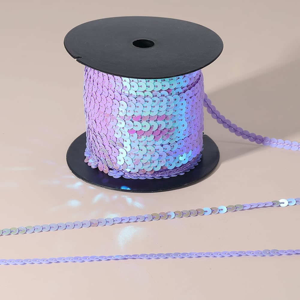 100 Yards 6MM Light Purple Sequin Trim Sequins Beaded Strip Trim Ribbon Flat Spangle Metallic Glitter Paillette String Bulk Roll for Sewing Making Clothes Dresses Costume Crafts Home Decor