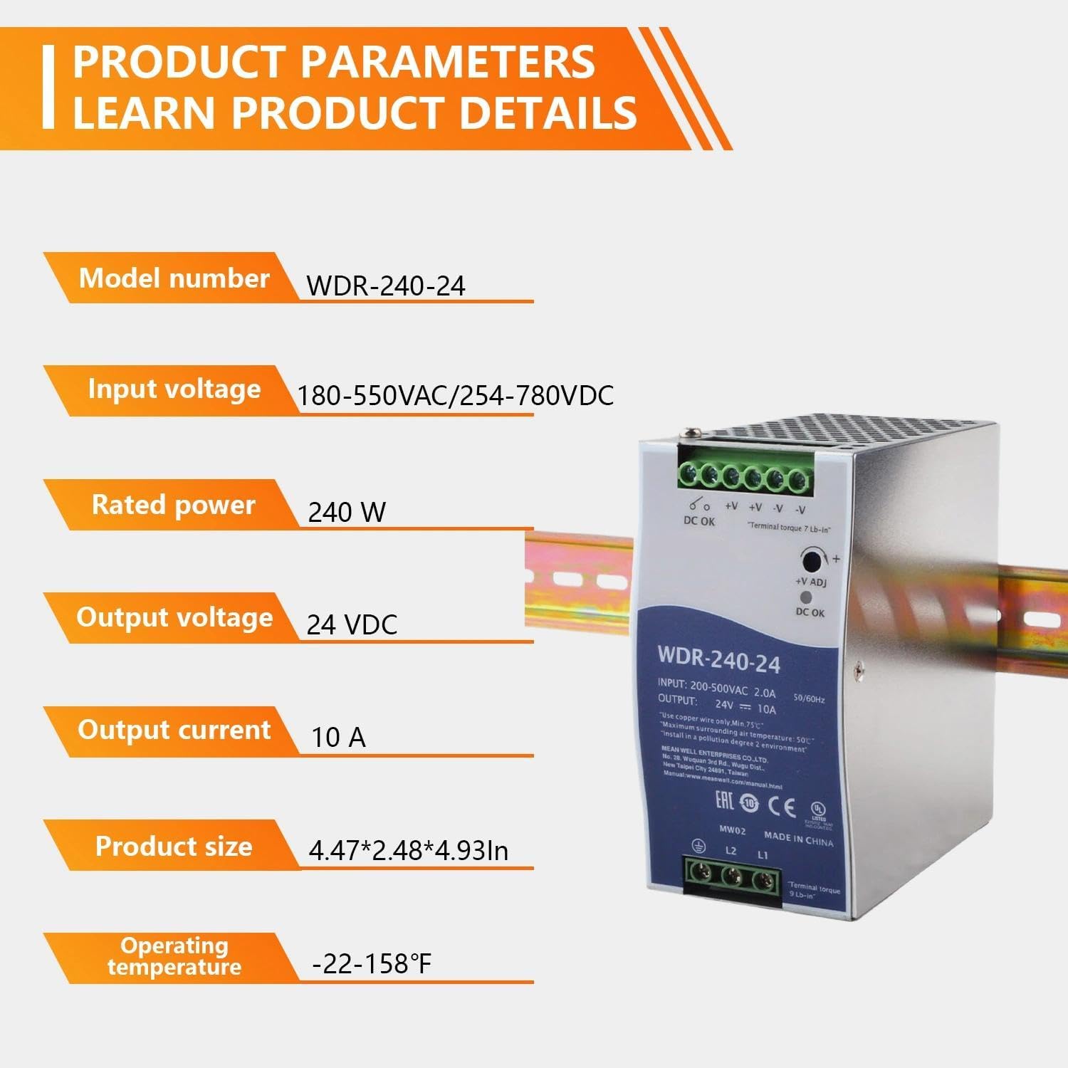 WDR-240-24 240W 24V 10A Single Output Switchable Power Supply for Industrial Automation, Refrigeration Equipment and Industrial Control Devices
