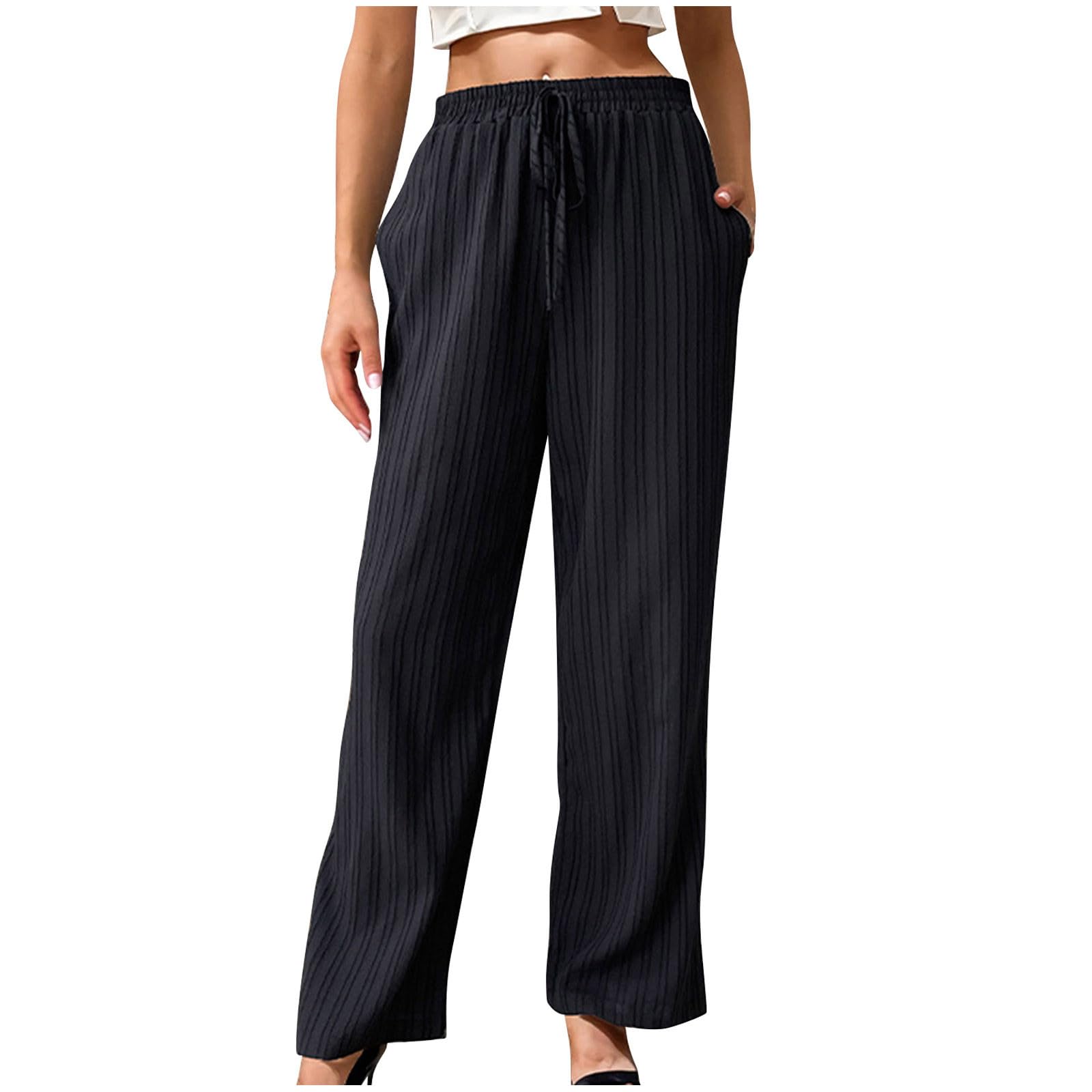 Womens Fashion Summer Wide Leg Pants Elastic High Waisted Casual Drawstring Loose Fit Long Pants Trousers with Pockets