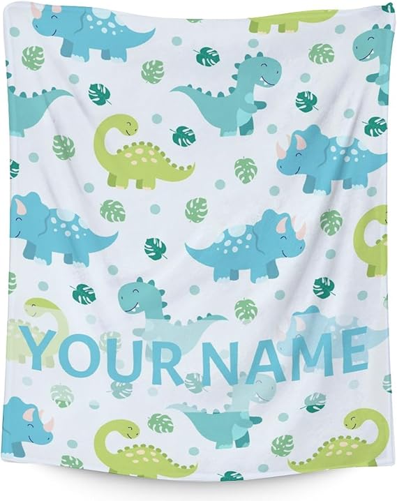 Personalized Dinosaur Blanket Gifts with Name - 30"x40" Cute Throw for Girls & Boys - Blue Soft Fuzzy Blankets for Couch & Office