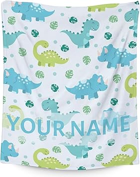 Personalized Dinosaur Blanket Gifts with Name - 30"x40" Cute Throw for Girls & Boys - Blue Soft Fuzzy Blankets for Couch & Office