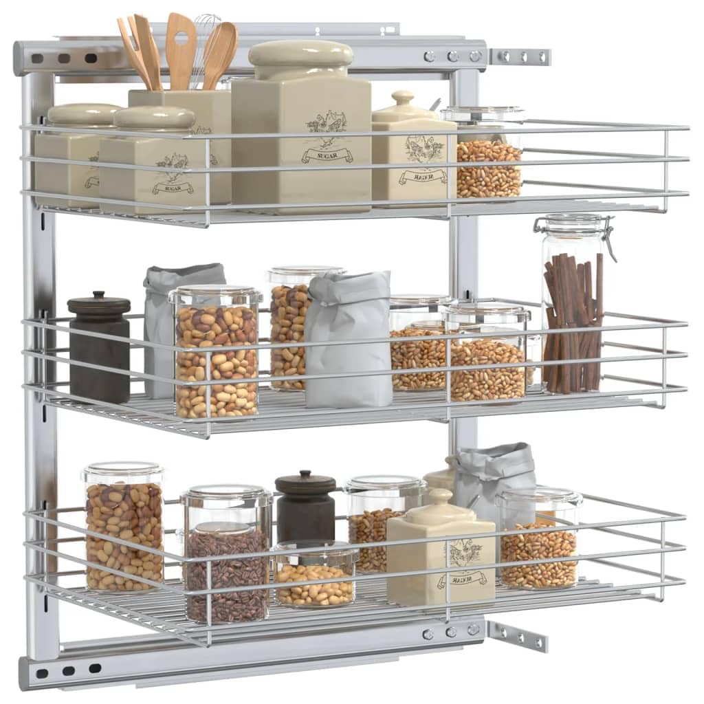3-stufiger Küchen-Drahtkorb ausziehbar für Küchenschrank, Teleskop-Schublade zur Schrankorganisation, Silber 47x35x56 cm