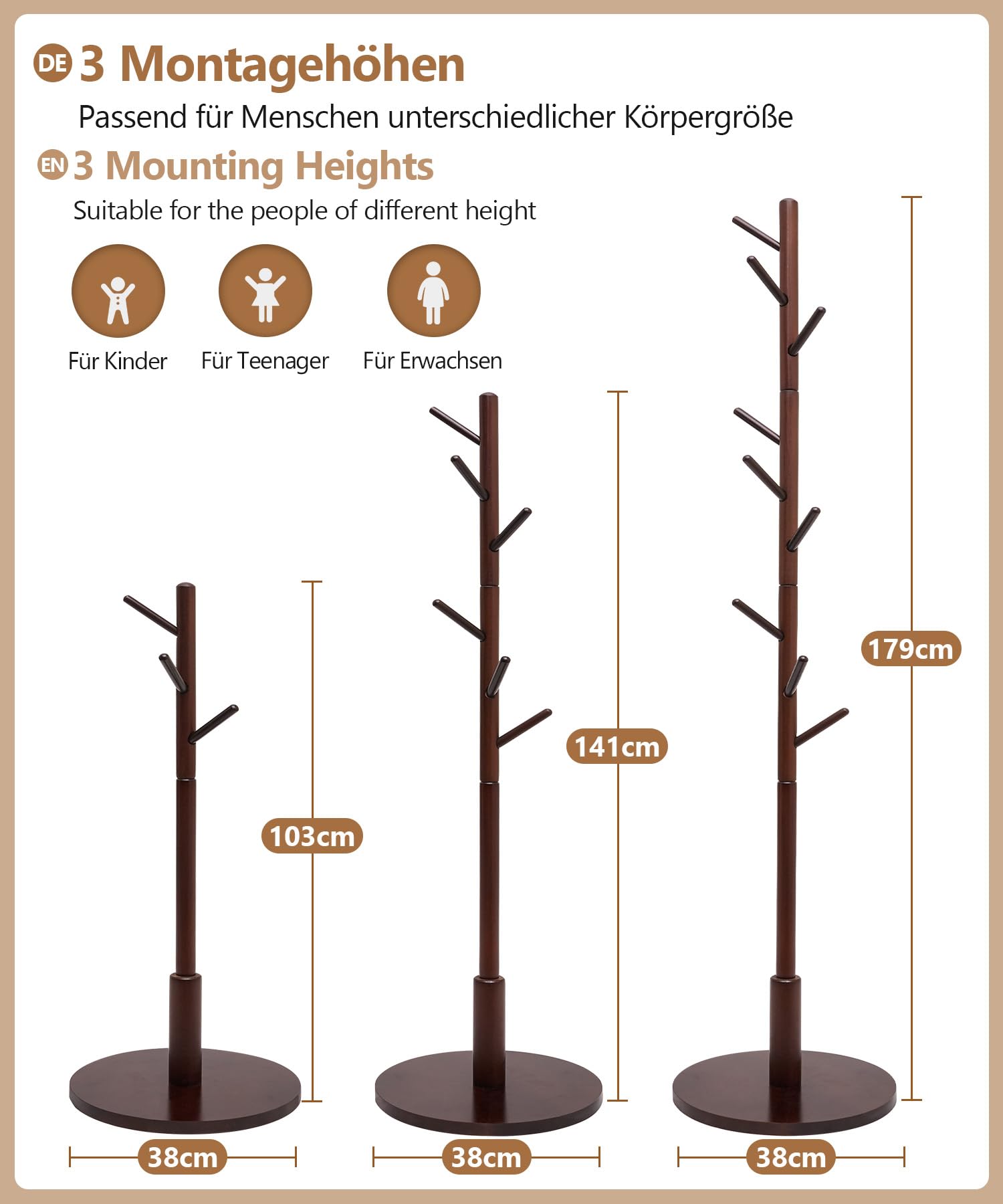 Yorbay Appendiabiti in legno massello di faggio, Appendiabiti a forma di albero con 9 ganci per giacche, cappelli, borse, camera da letto, ufficio, ingresso, 38 x 179 cm, Marrone