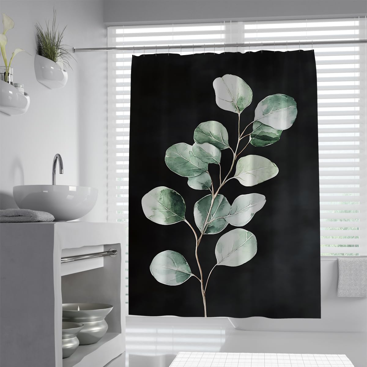 UIRINGART Dark Background Round Eucalyptus Branch Shower Curtain W200xL240cm Nordic Abstract Botanical Greenery Fabric Water Repellent Anti Mould Bathroom Screen With Hooks