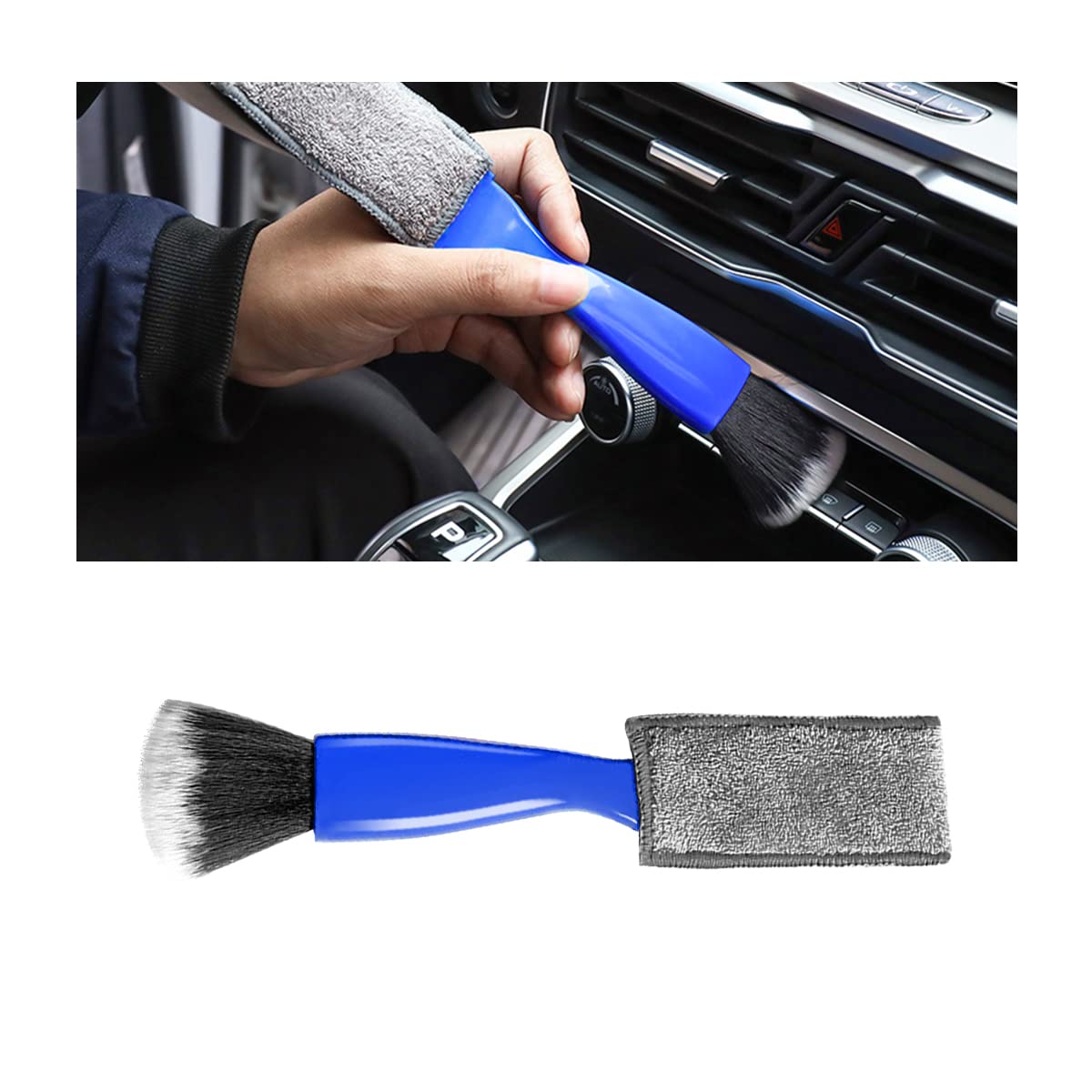 Double Head Brush for Car Clean, Soft Nylon Hair and Coral Fleece, Auto Exterior Interior Detailing Brushes, Vehicle Cleaning Kit for Wheels, Engine Bay, Leather Seats, Air Vents (Blue/1PCS)