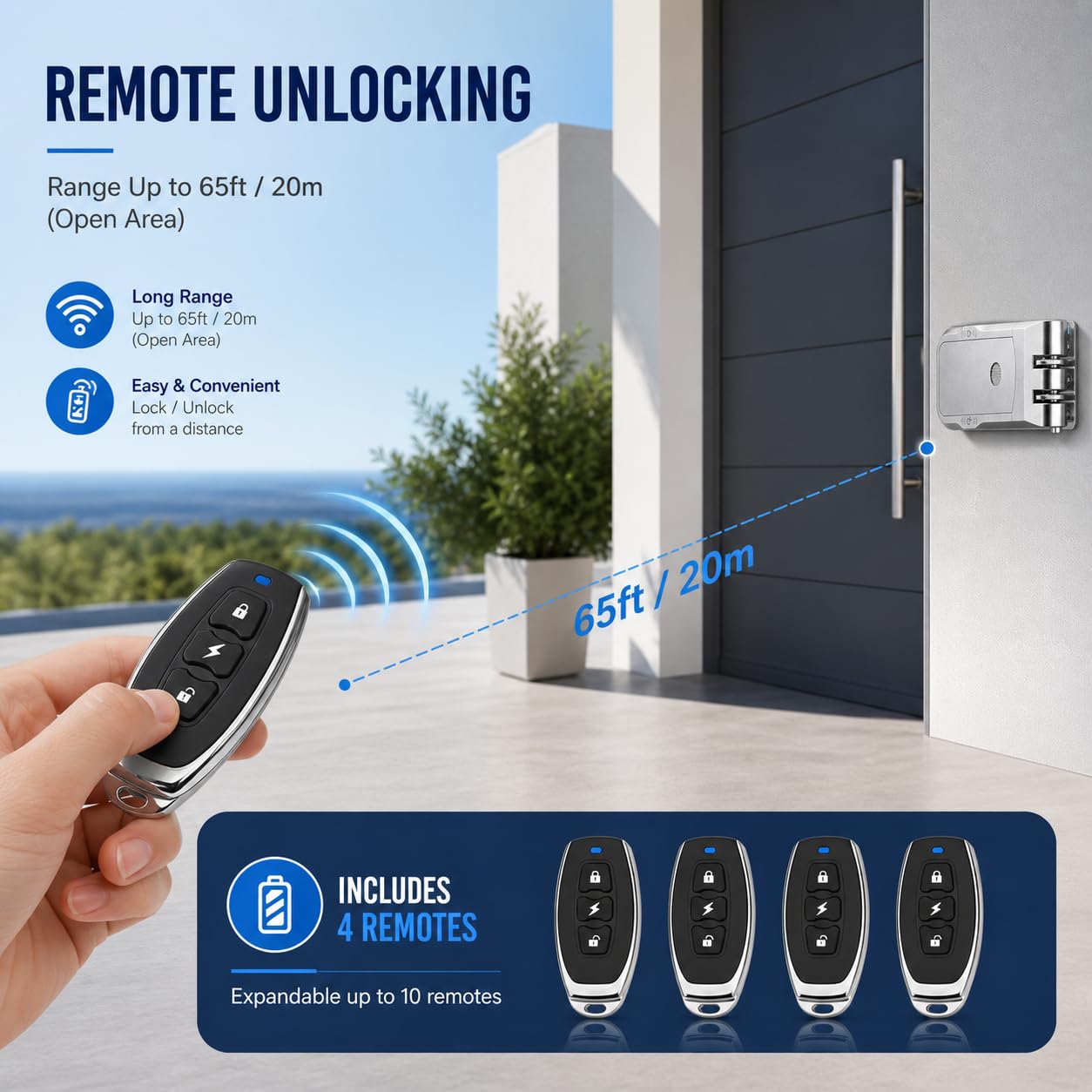 Cerradura de puerta oculta con 4 mandos a distancia | Entrada sin llave, cerrojo electrónico, diseño invisible, para seguridad del hogar, instalación sin herramientas