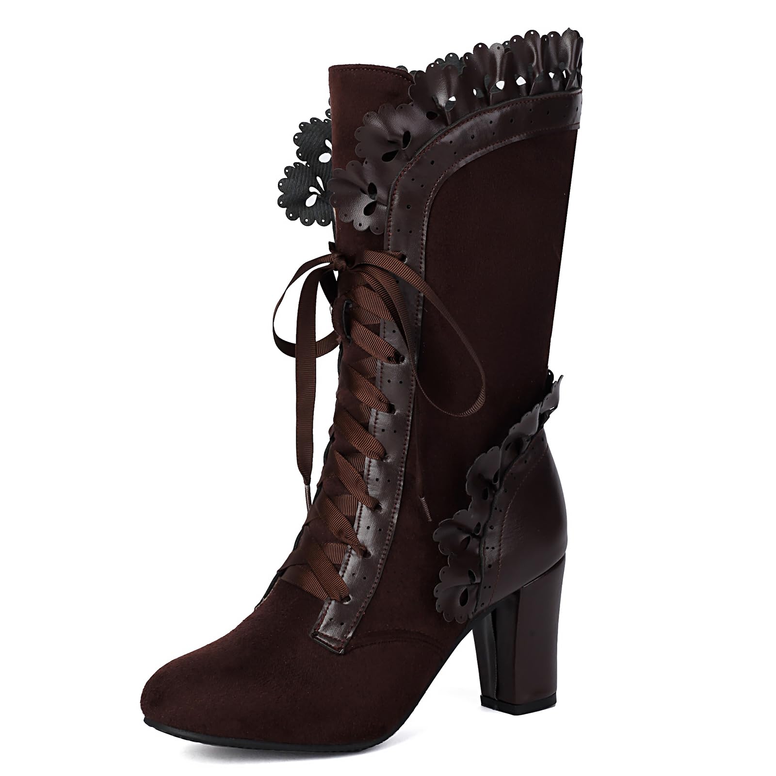 Makmeoyw Victorian Boots for Women Vintage Bow Ruffles Goth Boots Costume Lace Up 70S Retro Boots Halloween Witch Stuff Cuban Heel Mid Calf Boots