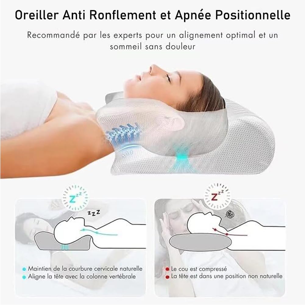 Oreiller Ergo Apnée Du Sommeil, Oreiller Ergonomique Cervical Mémoire De Forme, Oreillers Anti Ronflement Et Apnée Positionnelle, Cousin Ergonomique Nuit Pour Dormeurs Côté, Dos, Ventre (Gris)