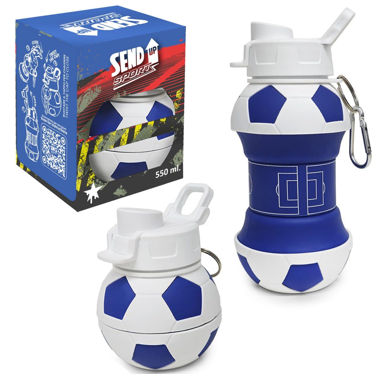 SEND UP Foldable Football Water Bottle – 550ml White & Blue Silicone Bottle – Collapses to 200ml – Leakproof Hygienic Screw Cap – Eco-Friendly Gift for The Blues Fans