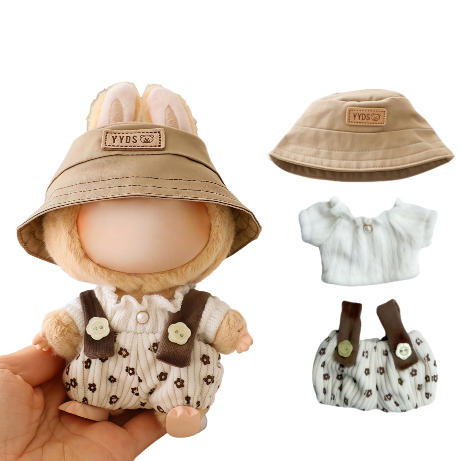 Clothes for Lu bubu 17cm Dolls Accessories(No Doll), Cute Outfit Set 3 Pieces Bib Pants Suitable for 17cm Doll Suit, Stylish Dress Up Overalls Doll Clothing Set Replacement with Hat Clothes Beige