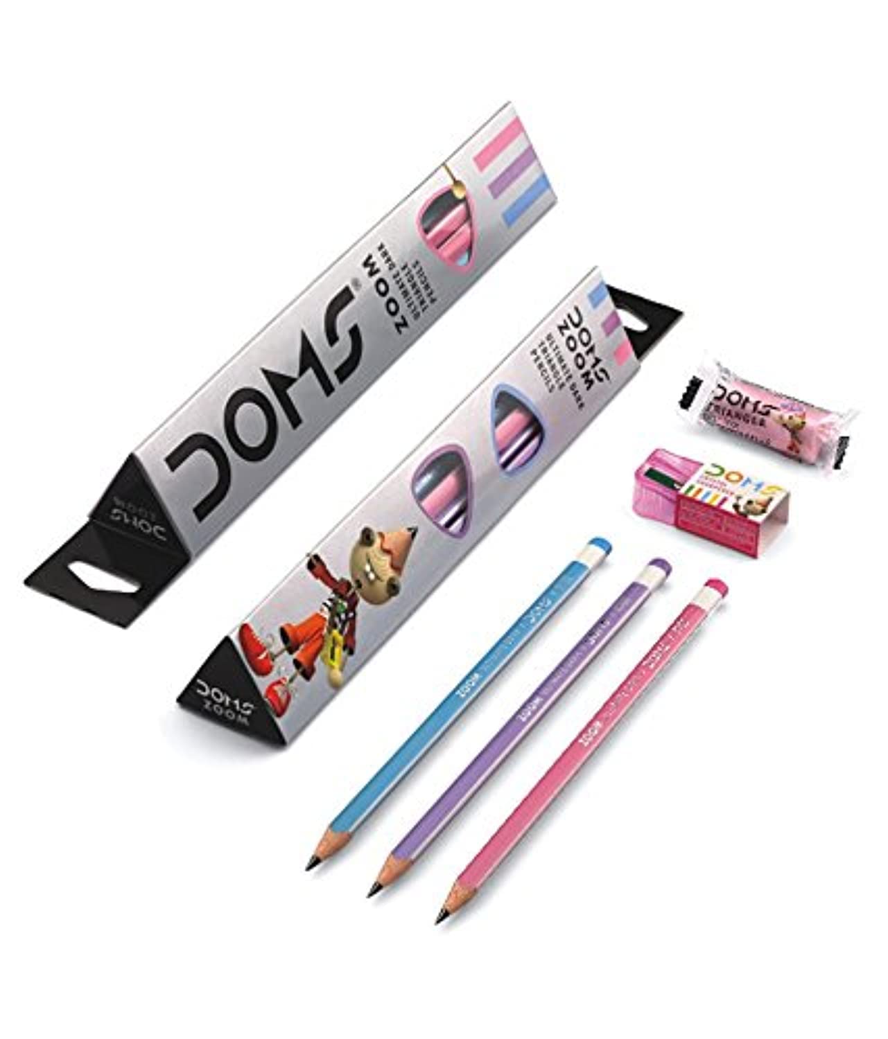 Doms Zoom Ultimate Dark Triangle Pencils (10pcs) with Free Eraser, Sharpener and 15cms Ruler