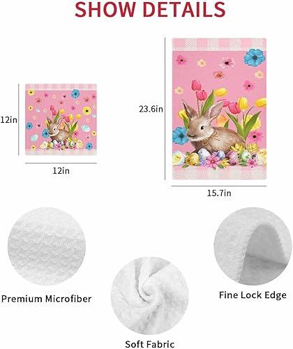 Miniatura 7 de Kitchen Towel 2 Packs Cotton Waffle Weave, Retro Pink Easter Tulip Bunny Buffalo Plaid 16 x 24 Inch Absorbent Quick Drying Dish Towels Clothes for
