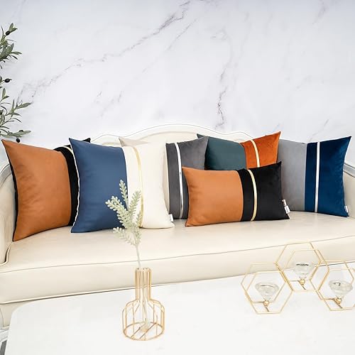 Miniatura 5 de Yamminess Paquete de 2 fundas de almohada decorativas de 18 x 18 pulgadas, fundas de cojín de piel sintética beige y terciopelo gris, fundas de