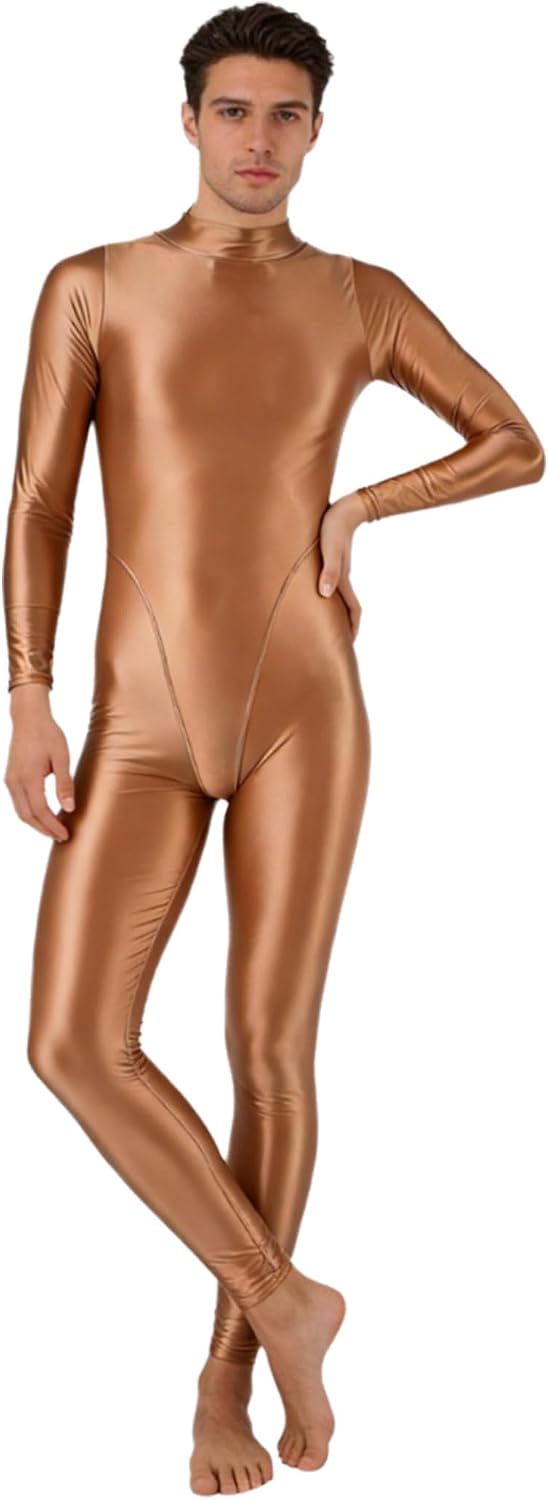 Mens Solid Color Glossy Athletic Unitard Mock Neck Long Sleeve Back Zipper Athletic Leotard