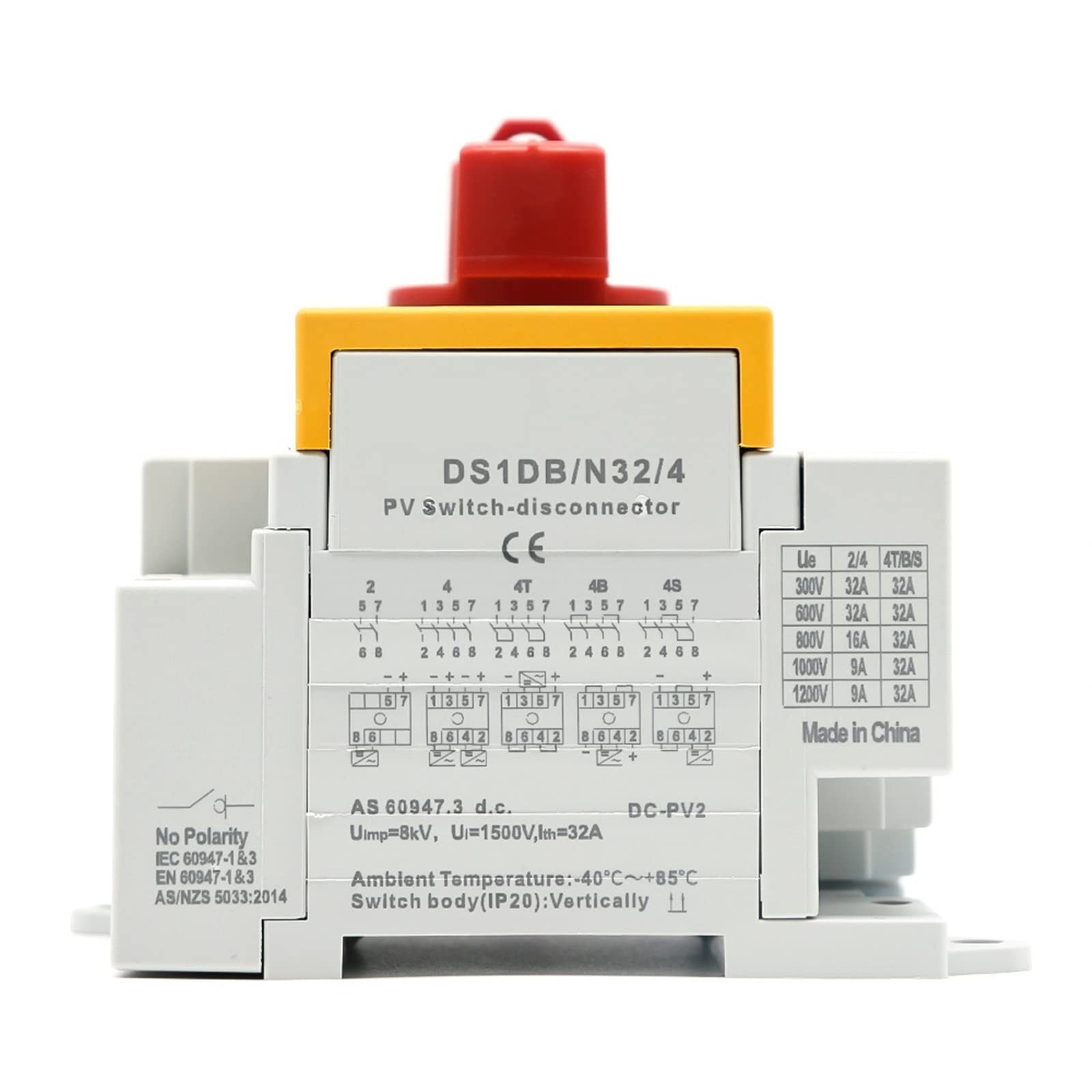 Seccionador de interruptor solar 4 polos, 1000 V CC, 32 A, for riel DIN, con manija giratoria(1000V)