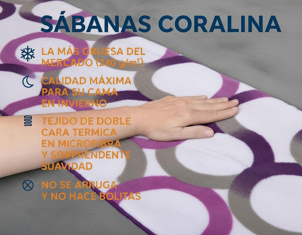 SABANALIA Sábanas Coralina Aros Cama 180x200 Invierno | 4 piezas: bajera ajustable, encimera y 2 fundas de almohada. Poliéster térmico, estampado de aros. Color Lila - Gris.