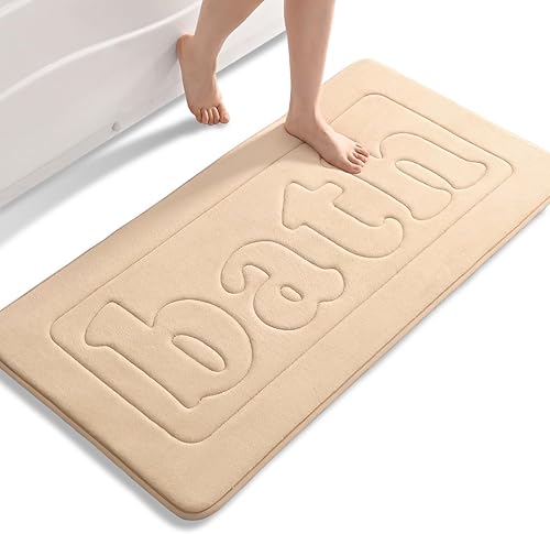 Tapete de baño de espuma viscoelástica, color beige, antideslizante, súper absorbente, de secado rápido, lavable a máquina, tapete de baño ultra