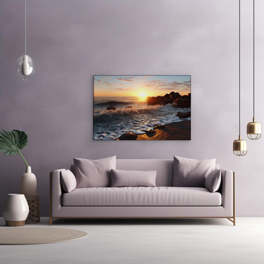 Canvas for Living room. Sunset Serenity: Where Golden Skies Kiss the Foamy Seas, 27 x 18 inch Canvas Wall Art - Contemporary Masterpieces - Modern Home Decor - 69x46 cm (27x18 inch)