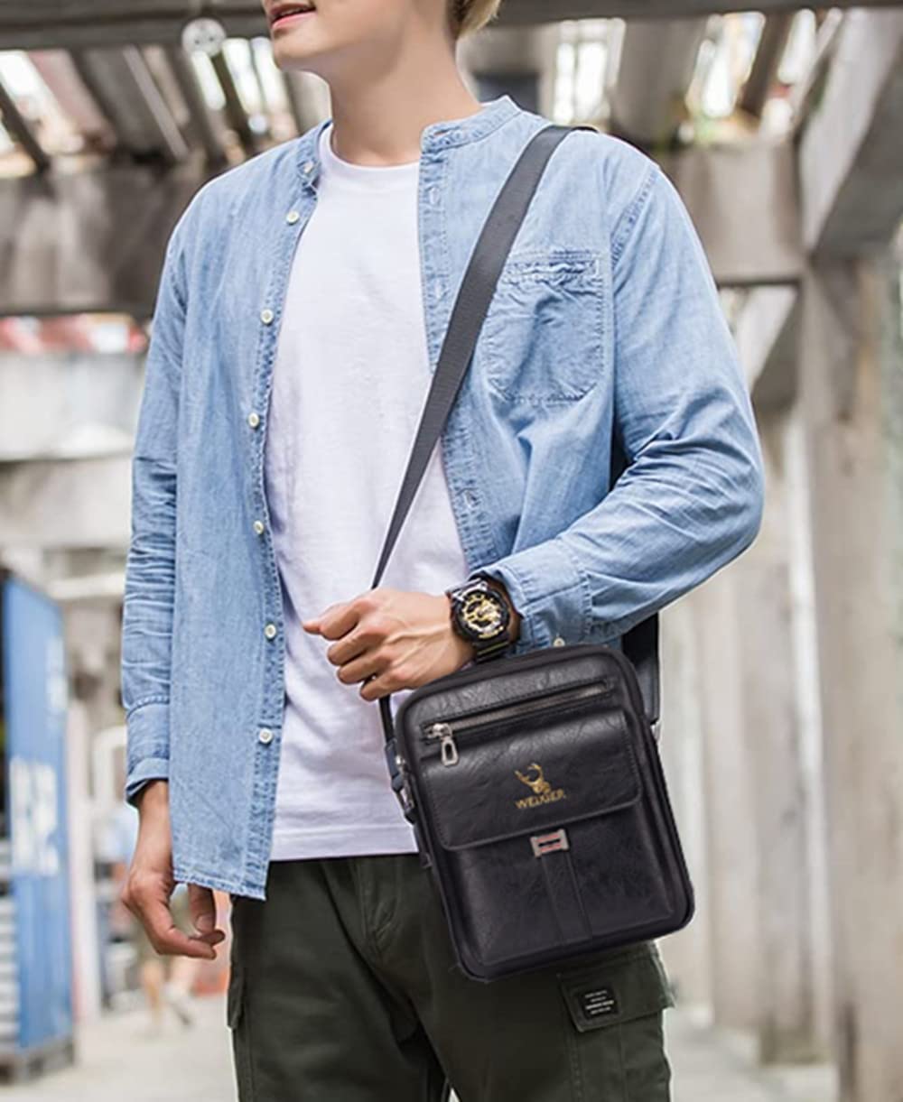 Sacoche Bandoulière Cuir Sacoche Homme Sacs à Bandoulière Vintage Shoulder Bag Business Cartable Besace pour Portable pour Voyage,Randonnée et Travailler(Cuir-Noir)