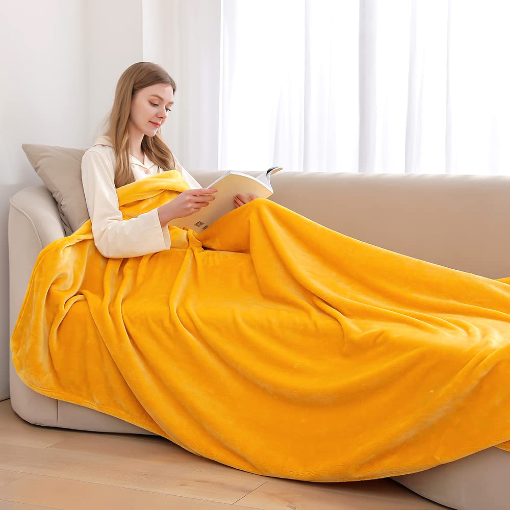 GonZalo Fleece Blanket Reversible Mustard Yellow Throw For