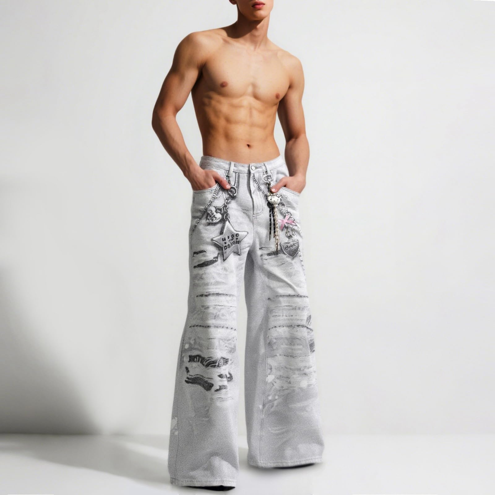 Generico Pantaloni Baggy Uomo, Pantalone Uomo Sportivi,Jeans da Denim con Stampa a Catena Dritti a Gamba Larga per Casual Elegante