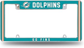 NFL Miami Dolphins “Go Fins” Premium Full Color Long Lasting Zinc Alloy Chrome Plated Team License Plate Frame - 4 Screw Tag Holder with Highlighted Team Pride Cheer