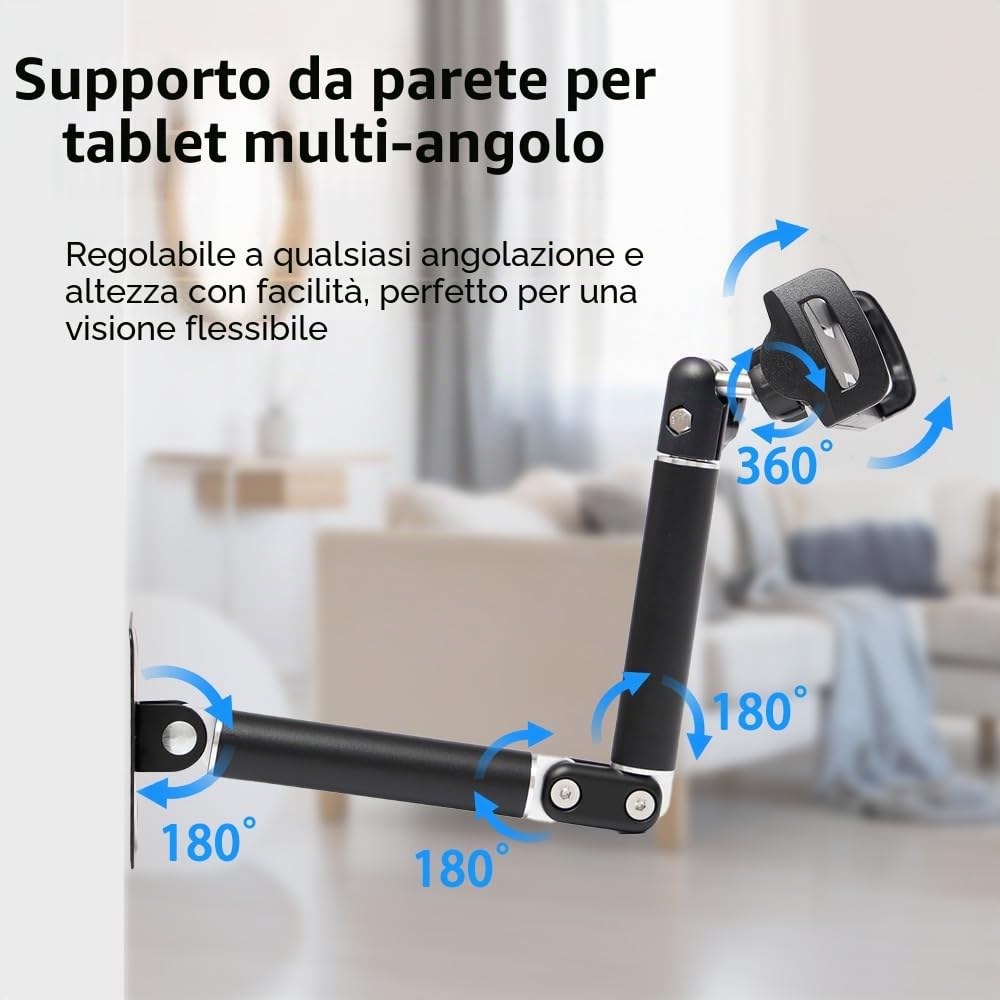 Supporto Muro Regolabile 360° In Alluminio Per Tablet E Smartphone 4-13 Pollici