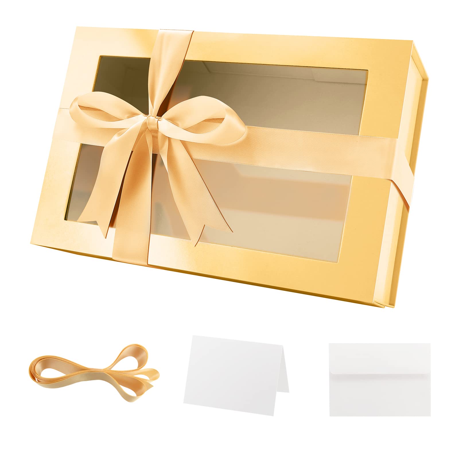 PACKQUEEN Large Gold Gift Box with Window, 13.5x9x4.1 Inches Clear Gift Box for Present Contains Ribbon, Card, Bridesmaid Proposal Box with Magnetic