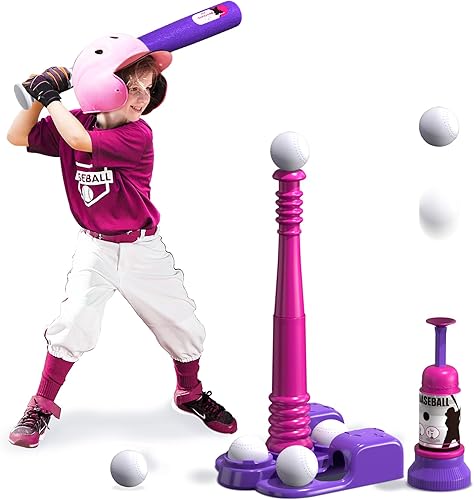 QDRAGON 2 in 1 T Ball Sets for Kids 3-5 5-8, Tee Ball Set with Automatic Pitching MachineAdjustable Batting Bat & Stand6 Balls, Baseball Toys