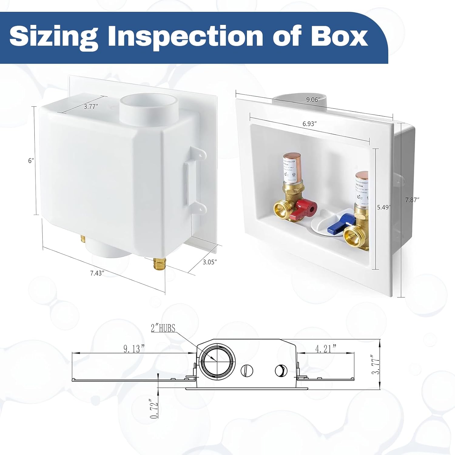 1-PACK GUOFIS Washing Machine Outlet Box with Copper Water Hammer Arrestor, PEX Laundry Washer Box with Central and Side Drain Design(1/2"Push-fit Connection Inlet X 3/4"MHT Outlet)(WM015)