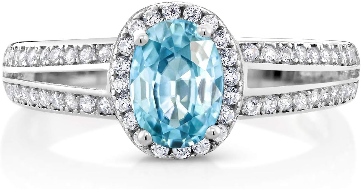 Gem Stone King 925 Sterling Silver Blue Zircon Engagement Ring For Women | 1.85 Cttw | Oval 7X5MM | Gemstone
