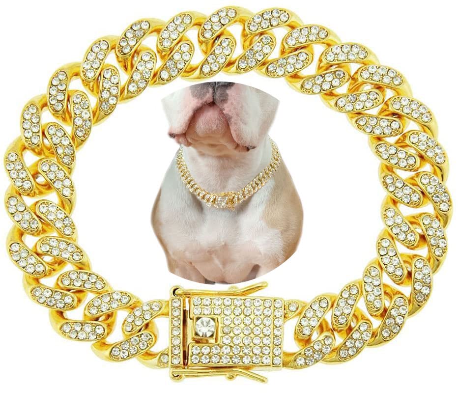 TUOKAY Iced Out Gold Dog Collar Gold Chain for Dog Costume Chain Bling Big Dog Necklace Chain Miami Cuban Necklace for Dog Cat (20mm Thick), 24 inches long, 13mm wide., Stainless Steel, No Gemstone
