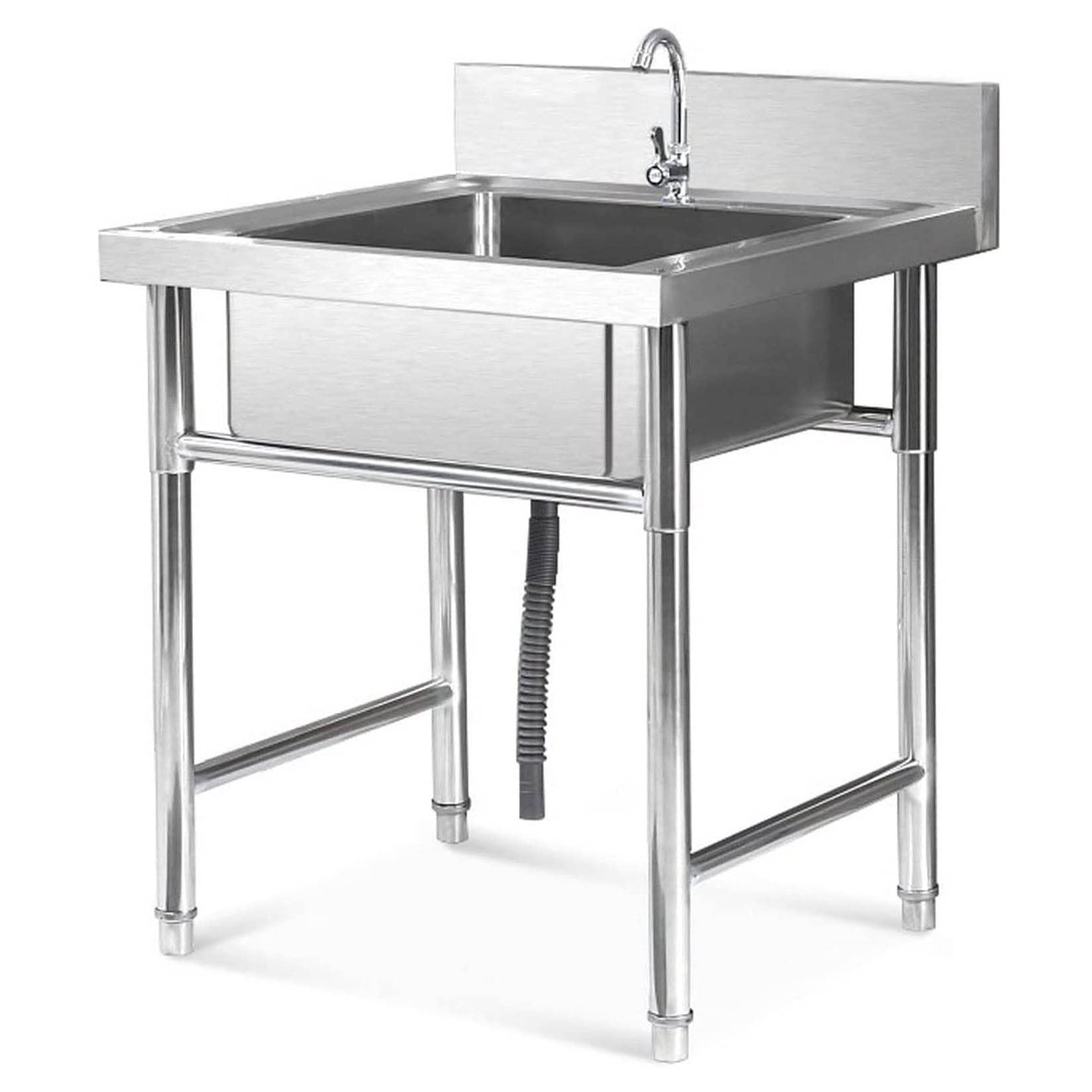 HCZKIUJY Kitchen Utility Sink,Single Bowl 1 Compartment Commercial Restaurant Sink, 304 Stainless Steel Kitchen Sink with Faucet + Backsplash, Freestanding Utility for Indoor Outd(23.6x23.6x31.4in)