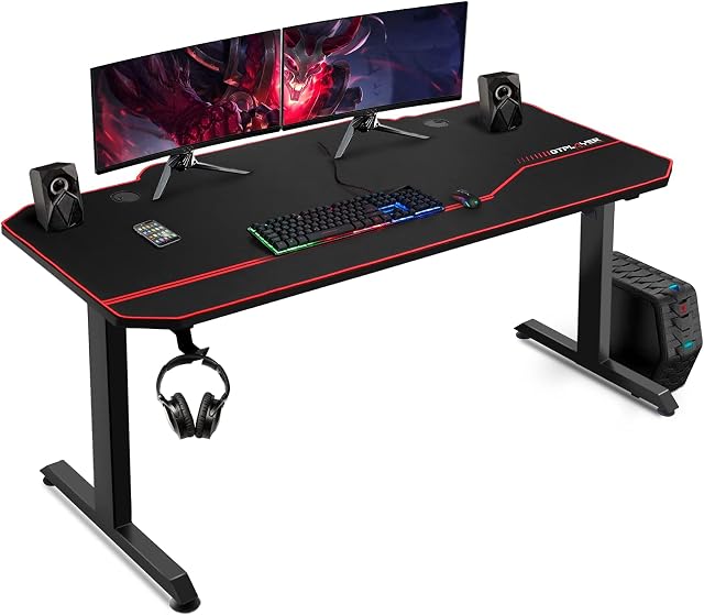 GTPLAYER Gaming Desk 140cm Computer Desk Home Office Desk with Free Fullsize Mouse Pad Adjustable Feet PC Desks Workstation T-shaped Metal Frame Table Black